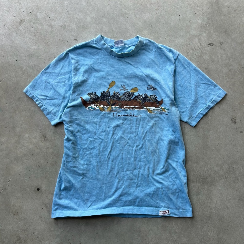 Vintage Crazy Shirts Hawaii B Kliban Cat Canoe Graphic T-Shirt Blue Medium